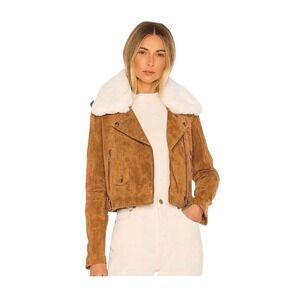 Luxury BLANC NYC Brown Suede Moto Jacket w/White Fur Collar Biker Style Size S